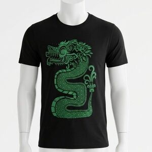 Codigo Cotton Black T-Shirt With Green Aztec Inspired Dragon Graphic Men’s Large